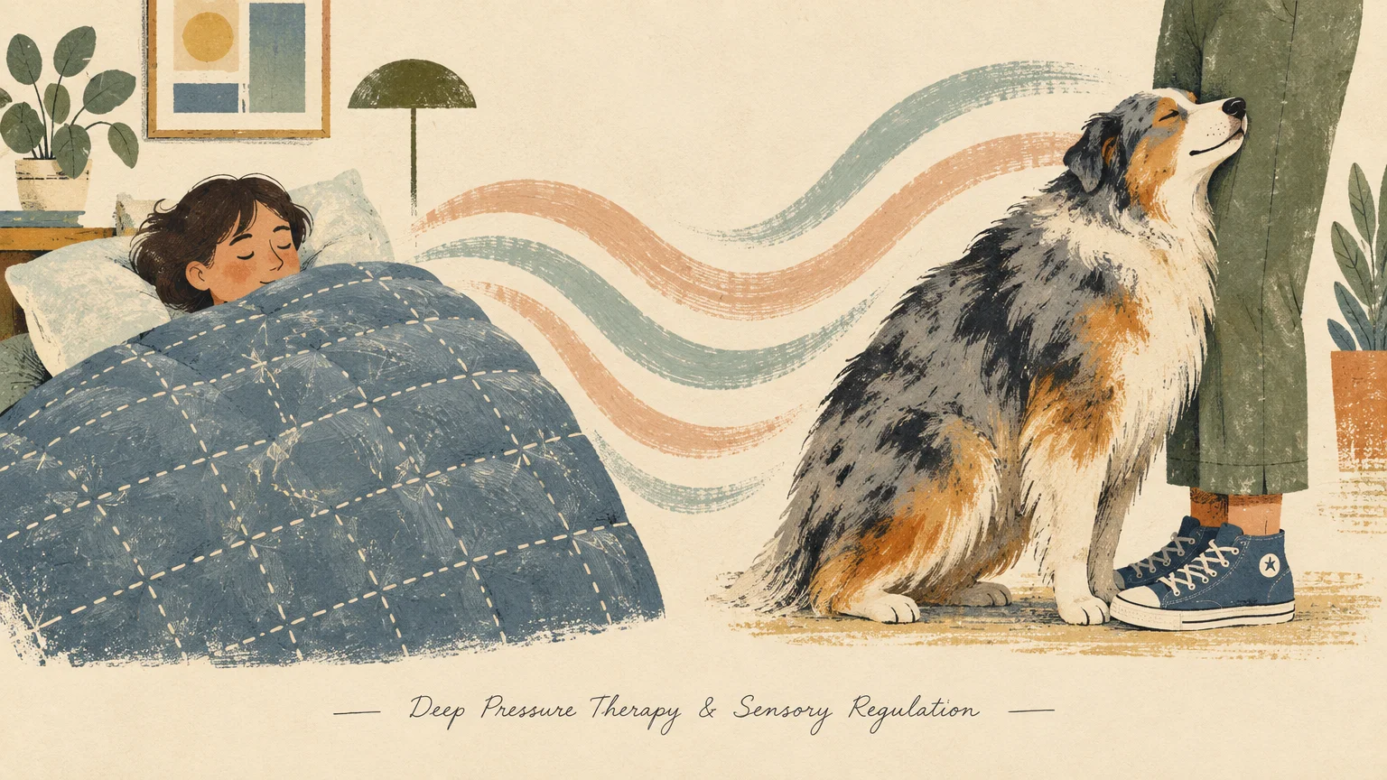 Illustration of a person sleeping under a quilt connected by pastel waves to a dog leaning against a standing person's legs.