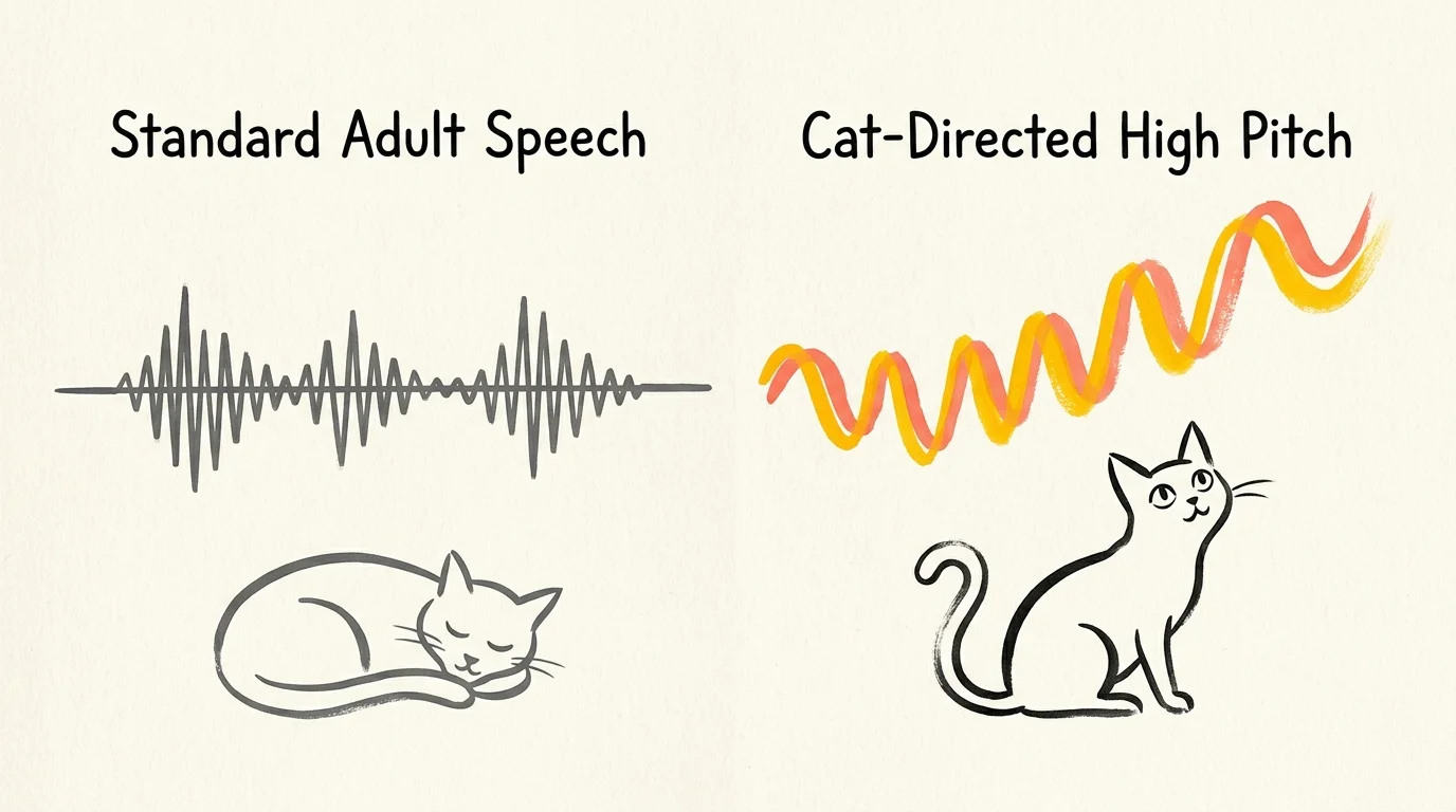 Diagram comparing a sleeping cat under standard speech soundwaves to an alert cat under colorful high-pitch waves.