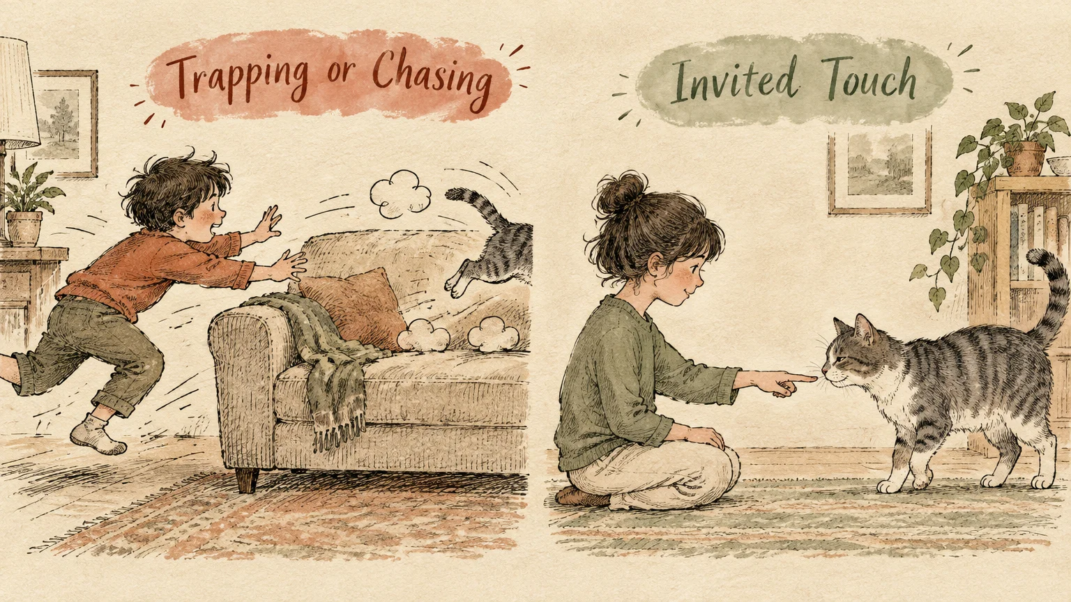 Illustration comparing a boy chasing a cat over a sofa to a calm girl letting a cat approach her outstretched hand.
