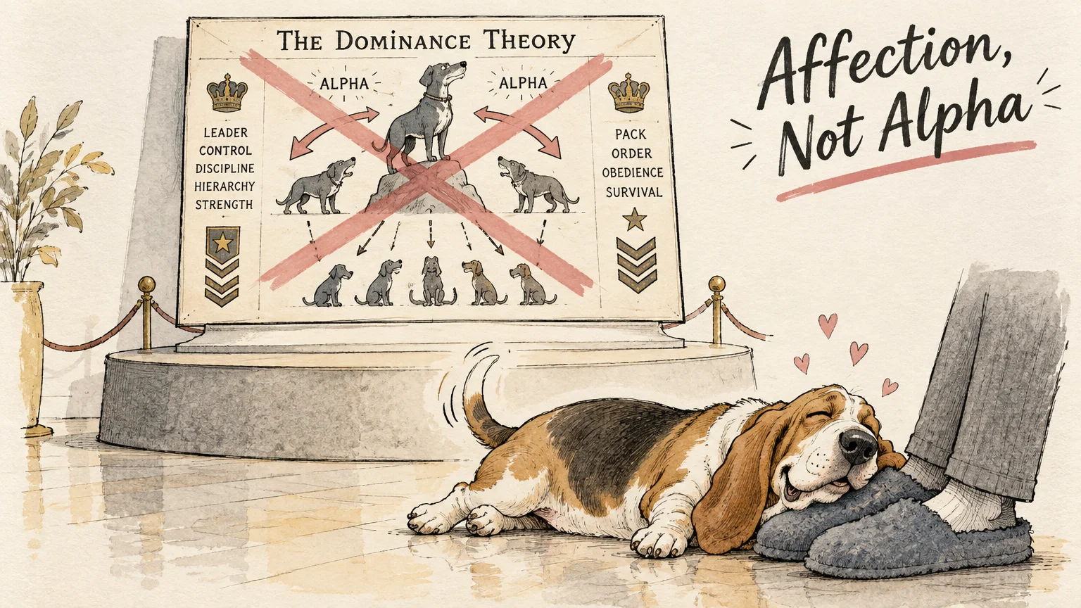 Illustration of a happy dog resting on slippers beside a crossed-out museum display about dominance theory.