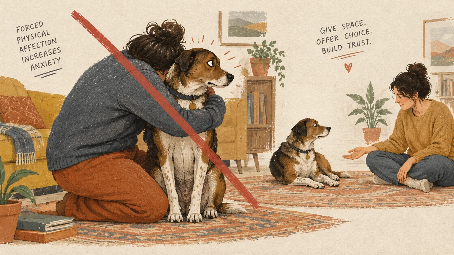 Illustration contrasting a person tightly hugging an anxious dog versus another person sitting calmly and giving a dog space.