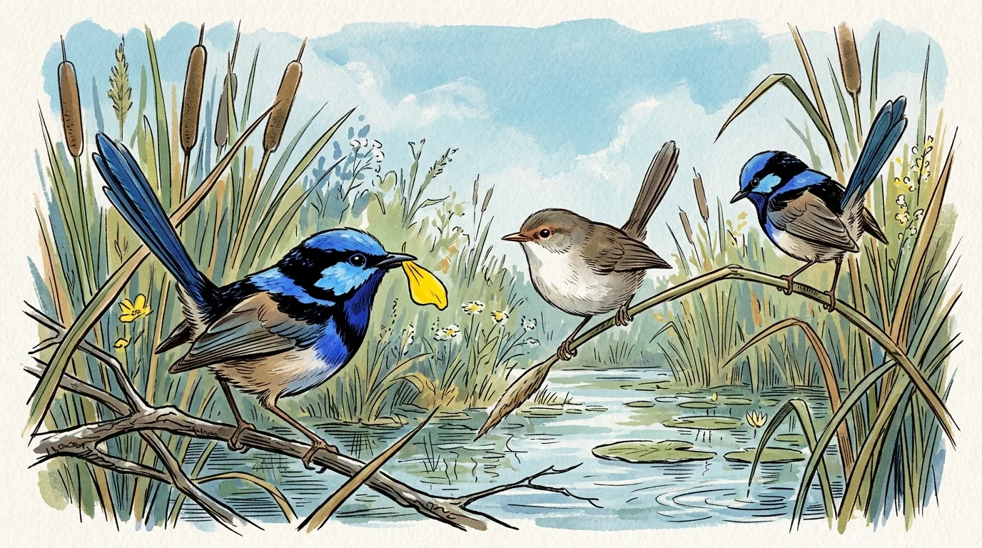 Watercolor illustration of two blue and black fairywrens and one brown fairywren perched among reeds by a pond.