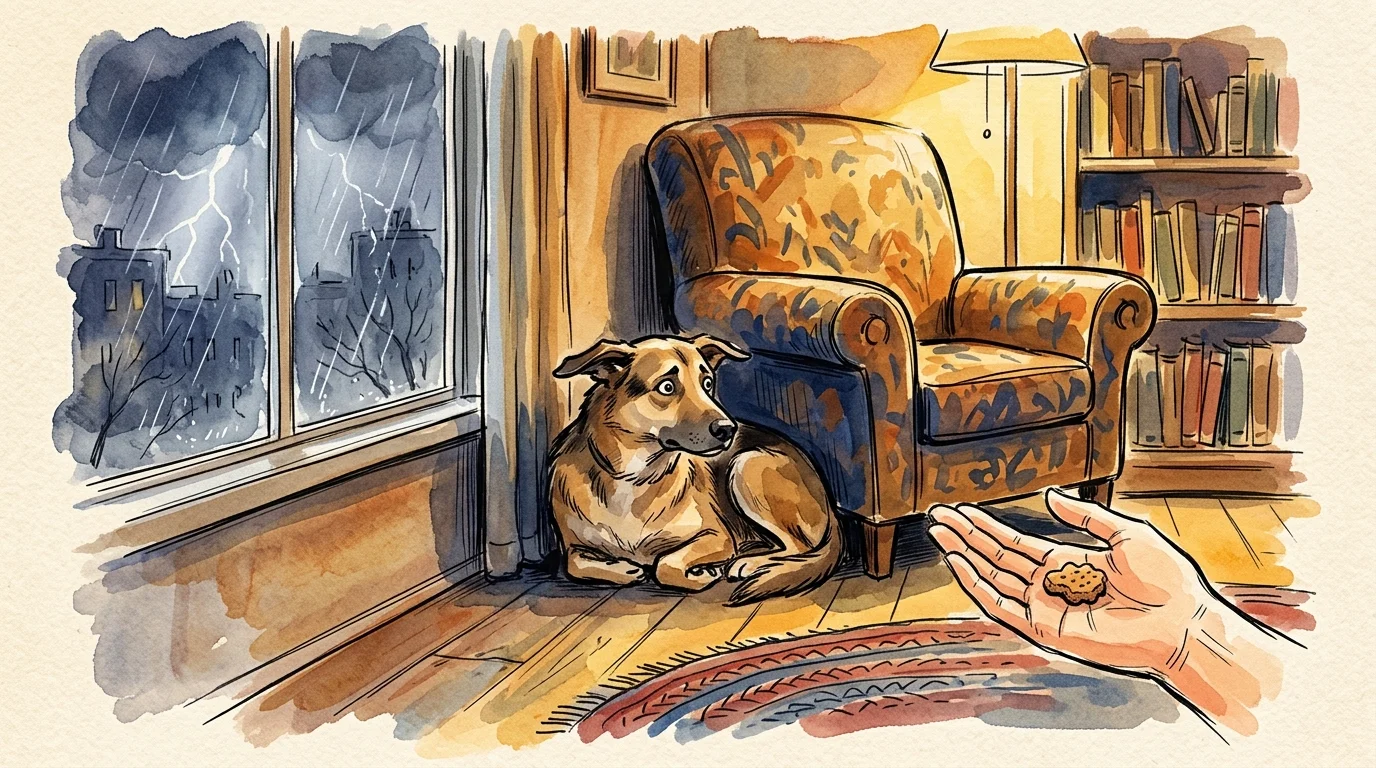 Watercolor illustration of a scared dog cowering beside an armchair during a thunderstorm as a hand offers a treat.