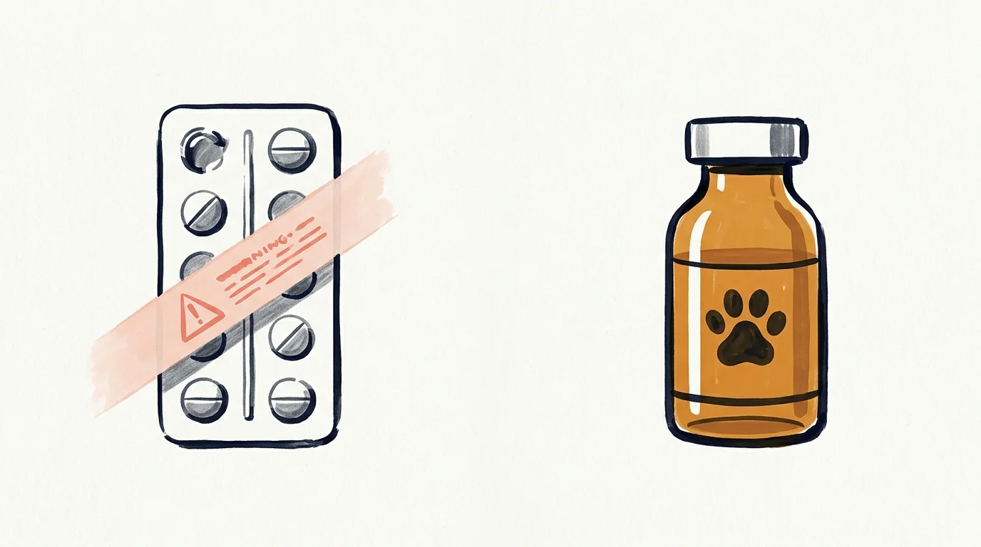 Illustration of a blister pack of pills marked with a warning ribbon beside an amber medicine bottle featuring a paw print.