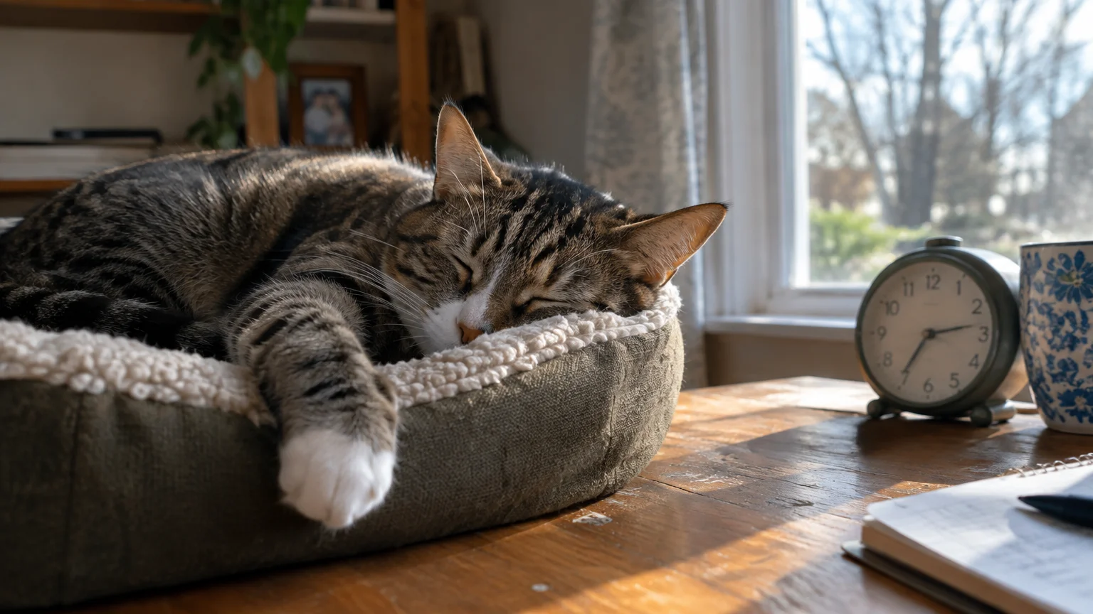 A tabby cat sleeps in a cozy pet bed on a sunlit wooden table beside an alarm clock and a window.