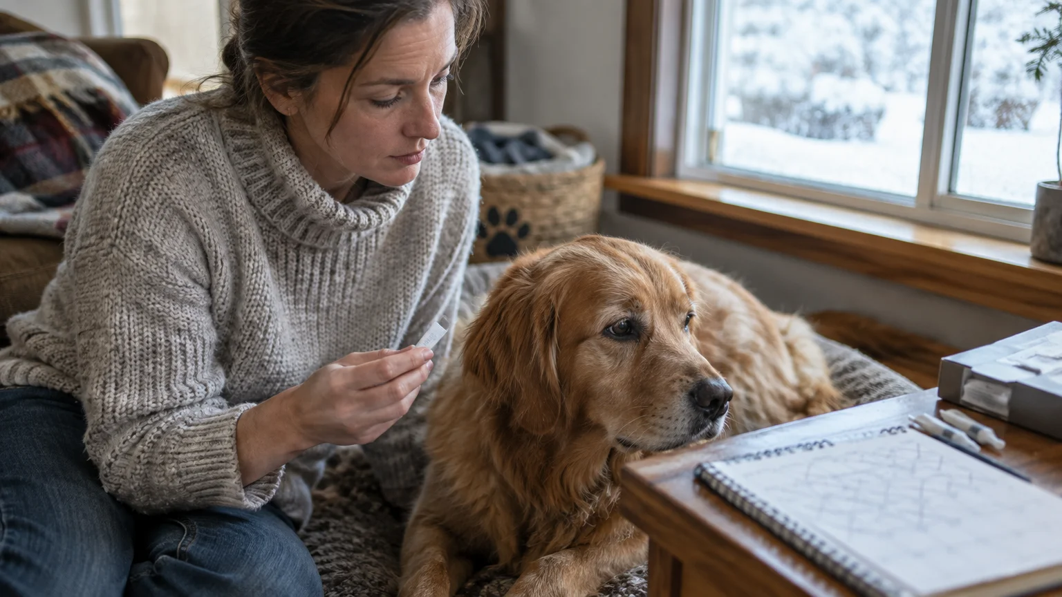 Woman sitting beside a golden retriever indoors by a snowy window, holding a small medicine applicator.