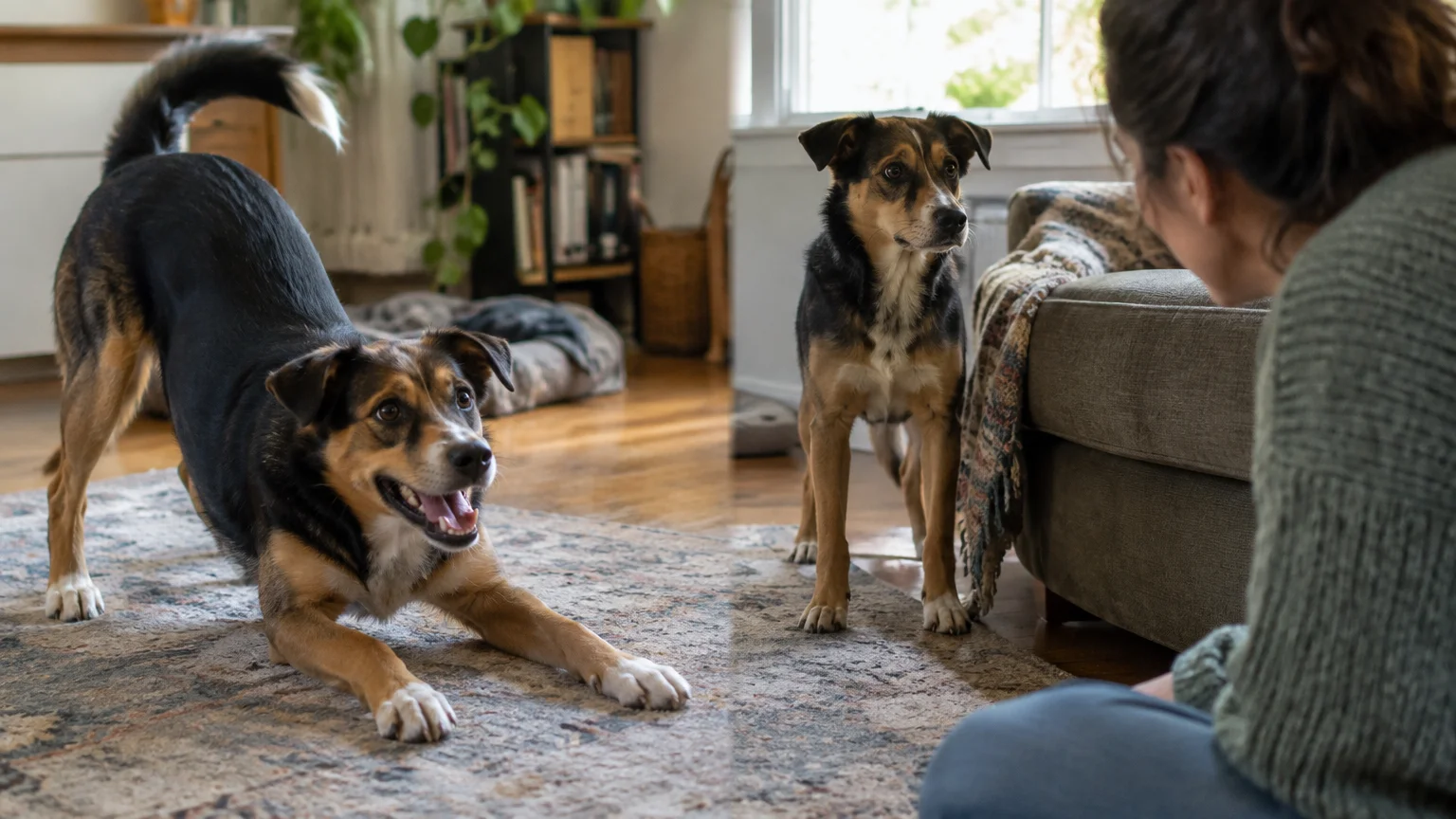 Split view of a dog performing a play bow on a rug beside another dog standing still and rigid near an owner.
