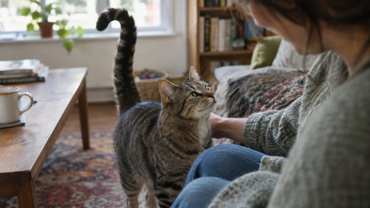 Tabby cat with an upright, curved tail looking up at a seated person inside a living room.