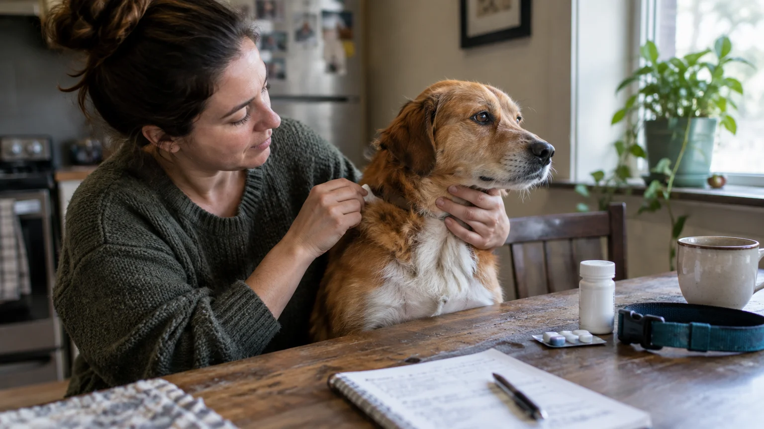 A woman sitting at a dining table applies topical medication to the neck of a golden-brown dog near medicine bottles.