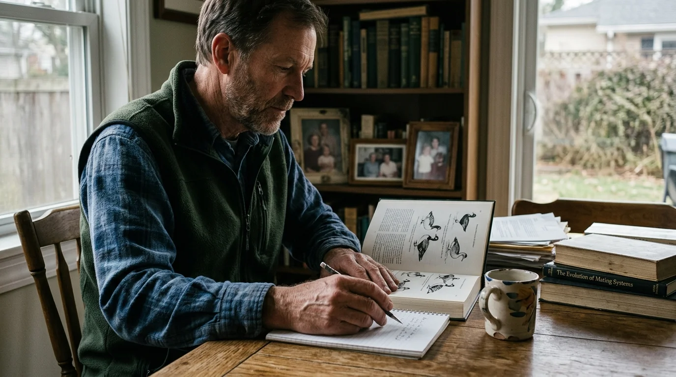 Man writing in a notebook next to an open book with bird illustrations and a stack of books at a wooden table.