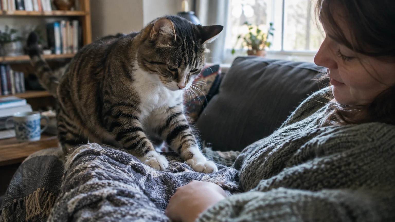 Tabby and white cat kneads paws on a blanket draped over a woman sitting on a couch.