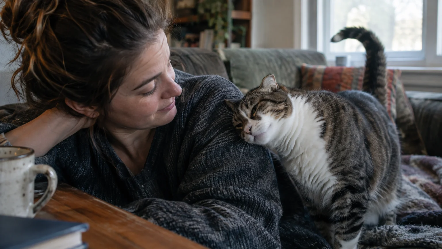 A woman smiling on a couch while a brown and white tabby cat rubs its face against her shoulder.