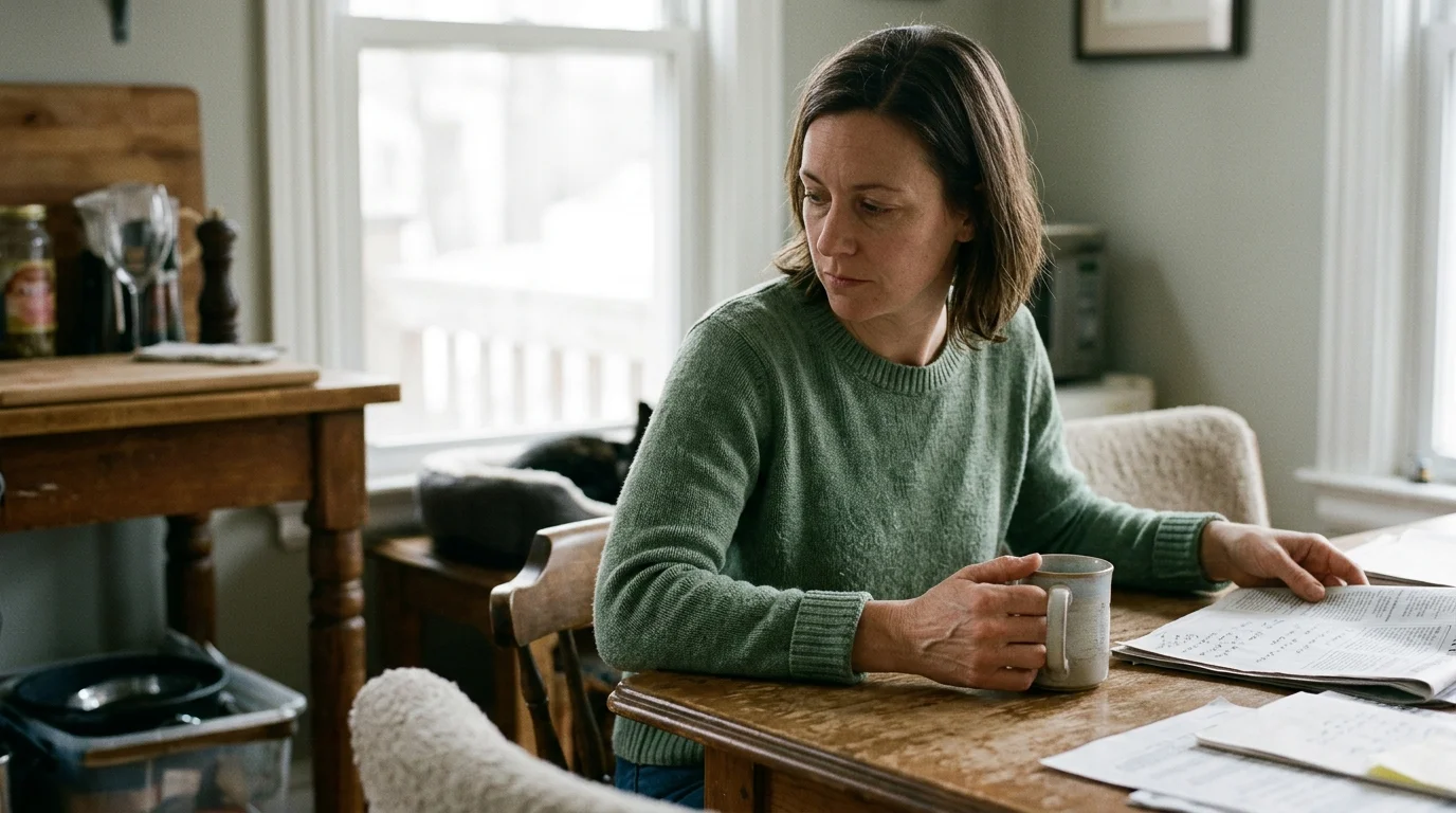 A woman sitting at a dining table with a mug, glancing back toward a sleeping cat in the background.