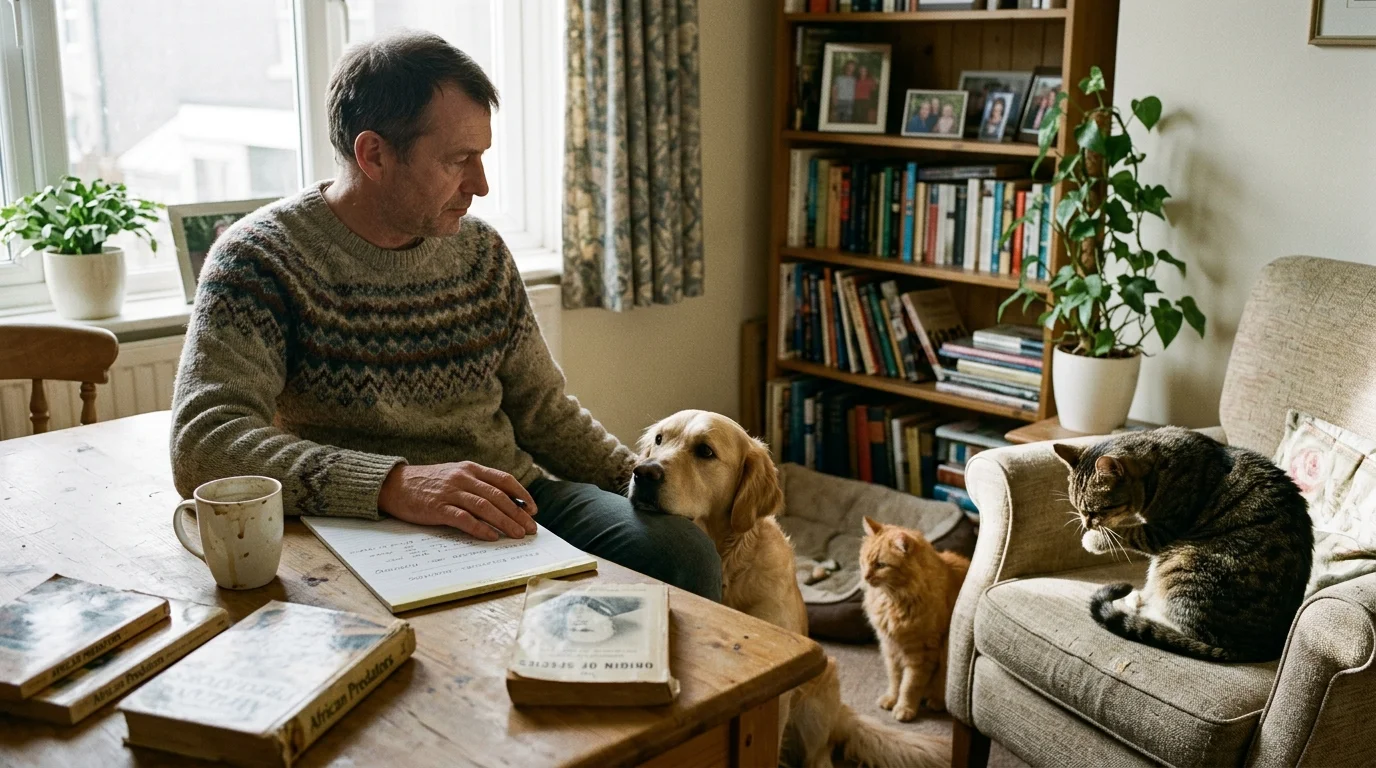 A man sits at a table beside a golden dog resting its head on his knee, with two cats lounging nearby.