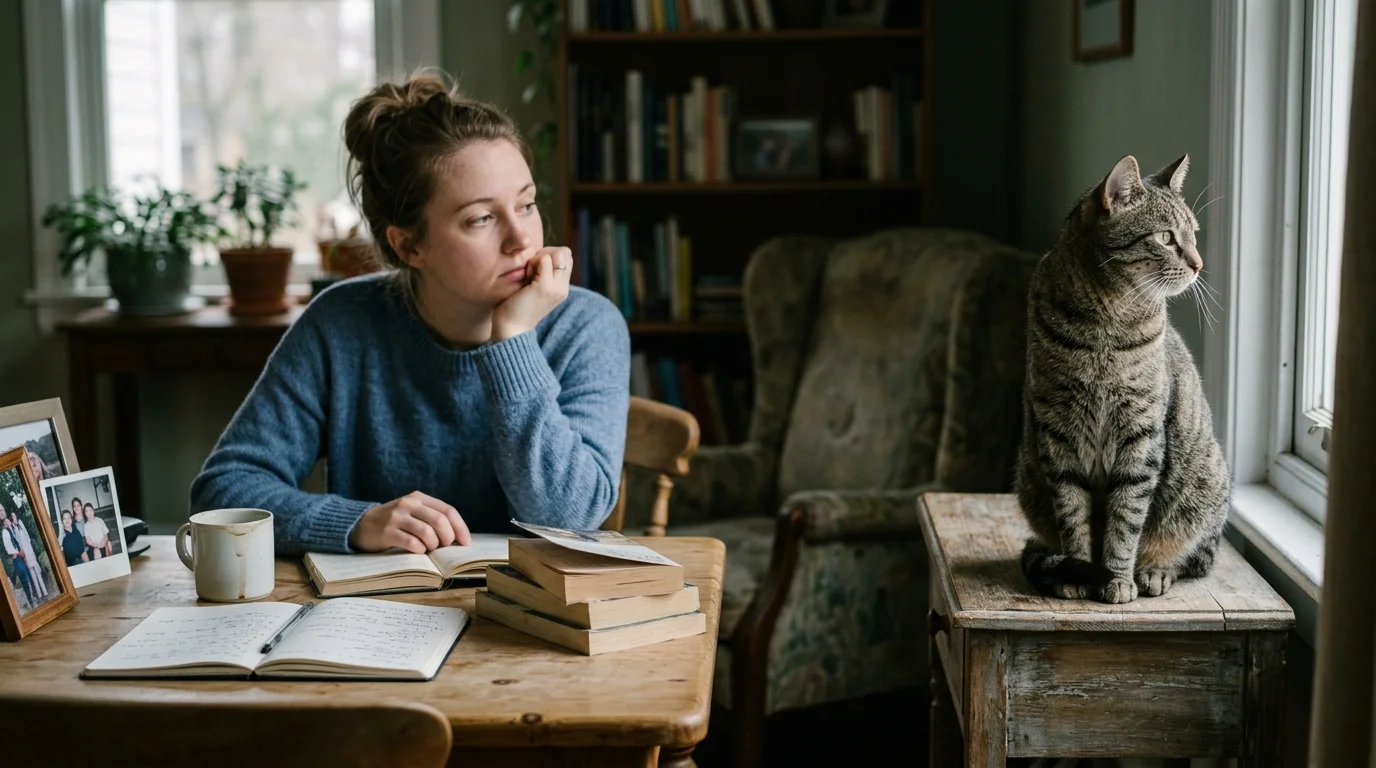 A woman sits at a wooden desk looking thoughtfully at a tabby cat perched on a side table gazing out a window.