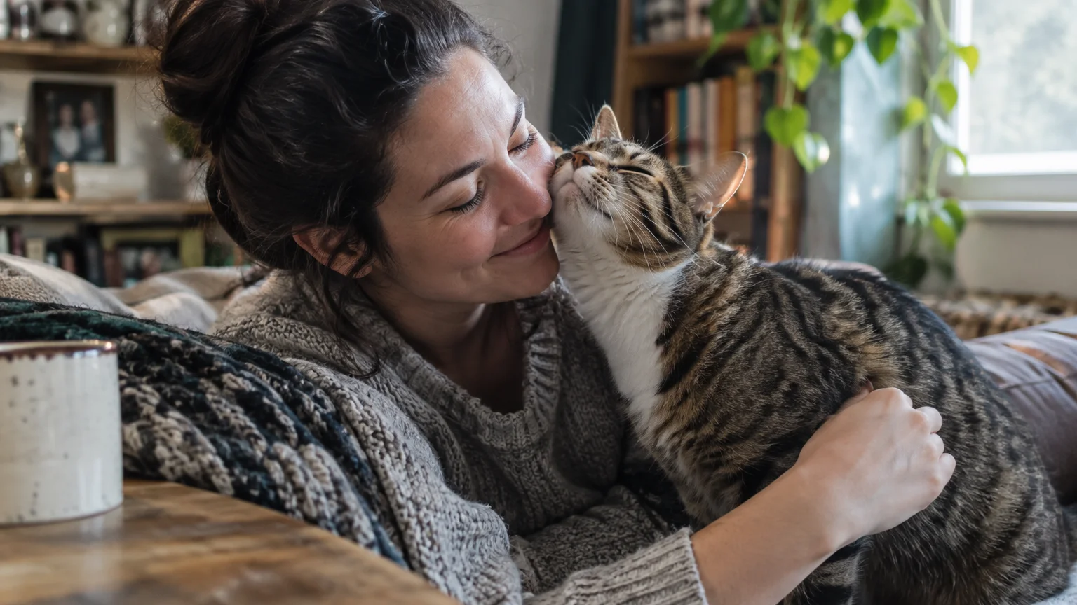 A smiling woman rests on a couch while a tabby cat affectionately nuzzles its cheek against her face.