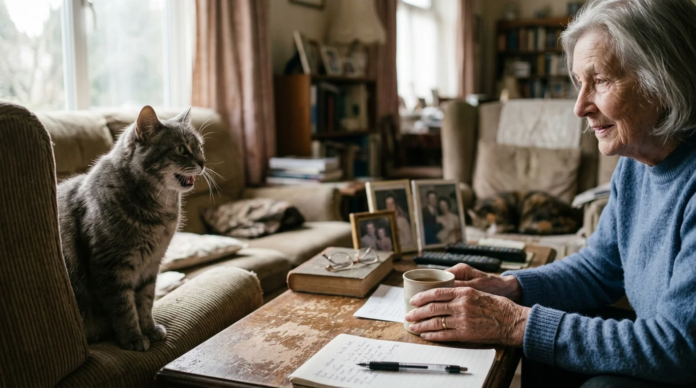 A tabby cat sits on a sofa arm meowing at an elderly woman seated at a living room coffee table with tea and a notebook.