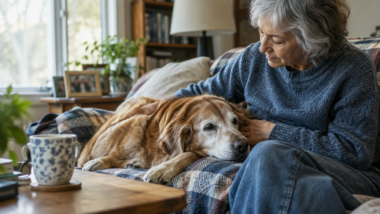 A senior woman sitting on a living room couch gently petting a golden retriever resting its head on a blanket.