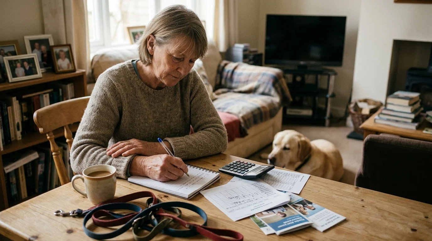 A woman sits at a wooden table writing in a notebook near a calculator, dog leashes, and a resting yellow dog.