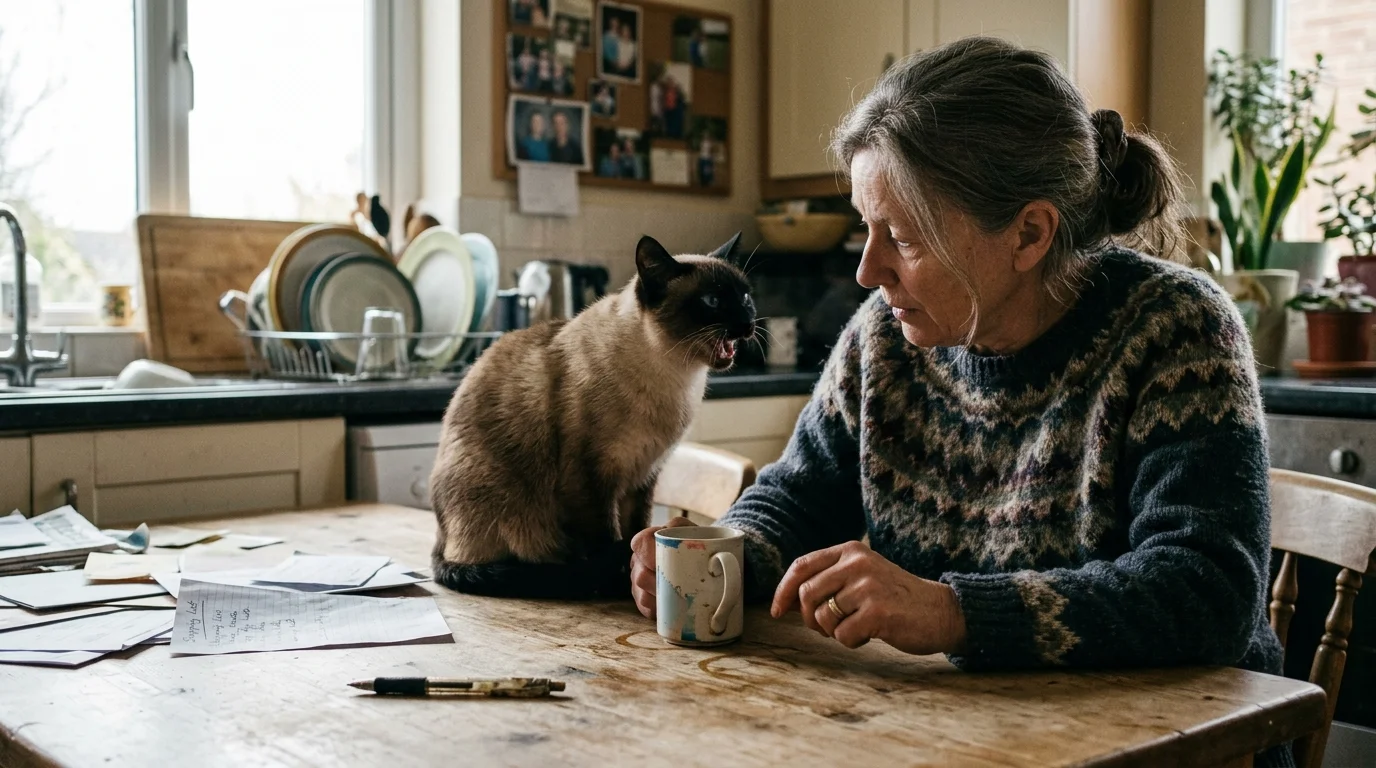 A Siamese cat vocalizes on a wooden kitchen table next to a seated woman holding a coffee mug.