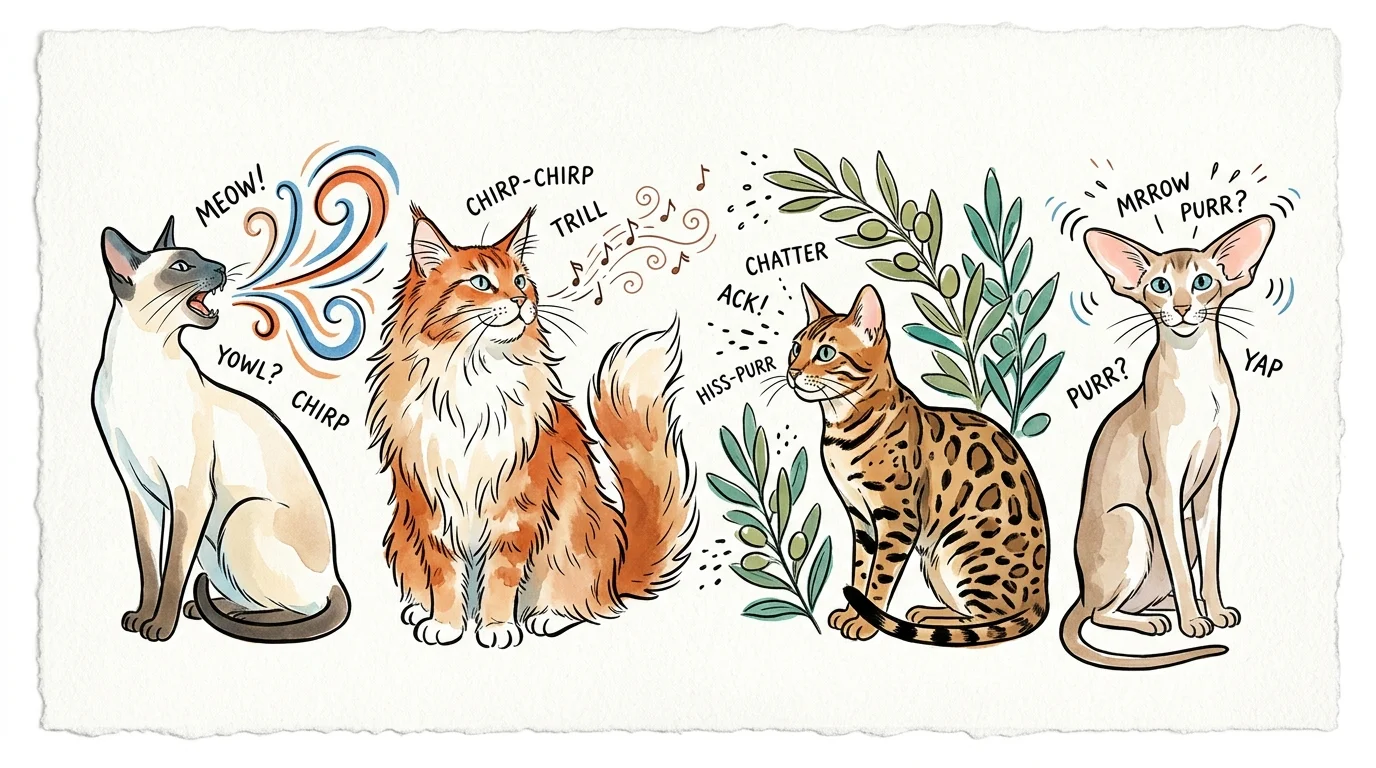 Illustration of four vocal cat breeds sitting in a row with onomatopoeia words and symbols representing their calls.