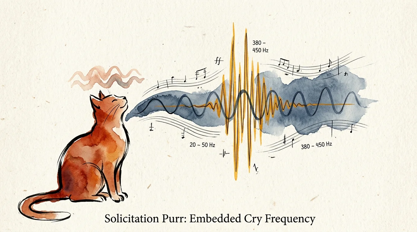 Watercolor illustration of a cat purring with sound waves, musical notes, and labeled frequency spikes.