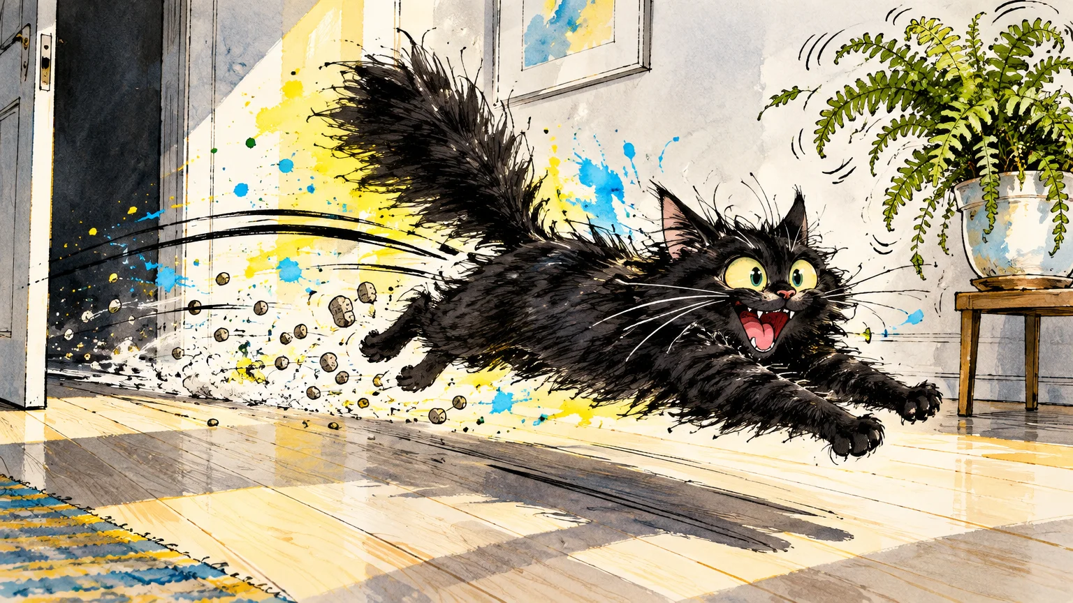 Illustration of a wide-eyed, fluffy black cat sprinting energetically across a wooden floor past a potted fern.