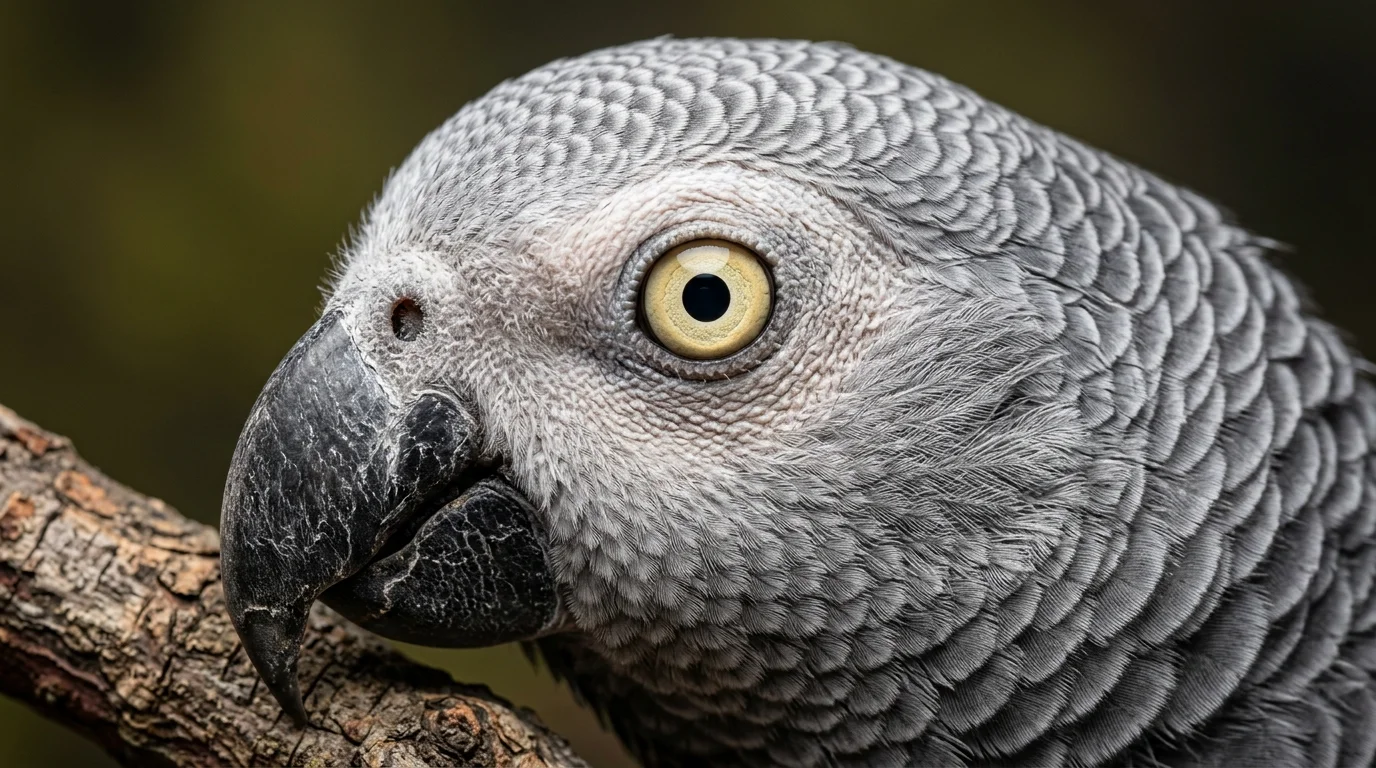 Close-up profile of an African grey parrot perched on a branch, highlighting its pale yellow eye and grey feathers.