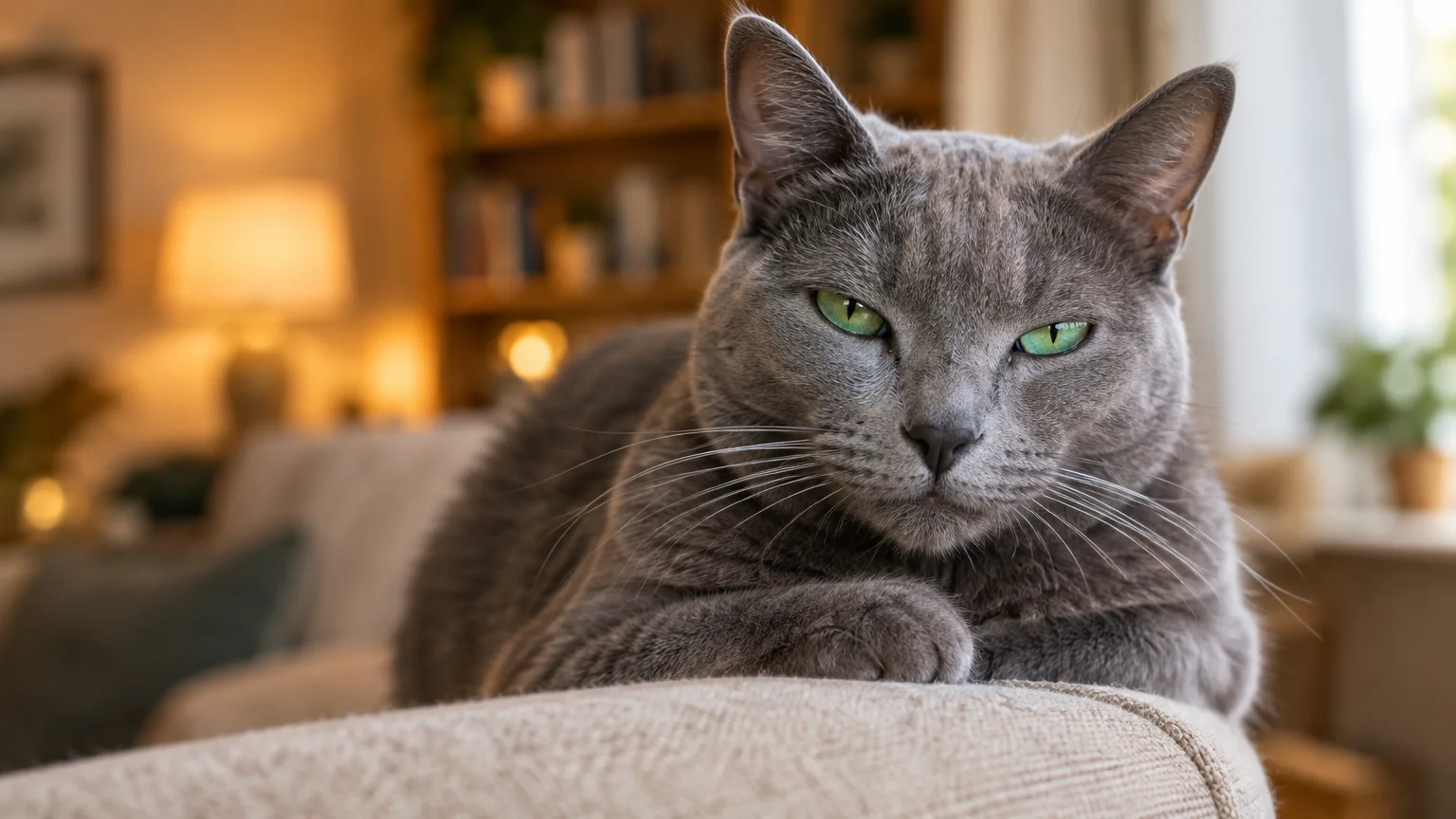 A gray short-haired cat with green eyes rests on a sofa arm, squinting directly at the camera.