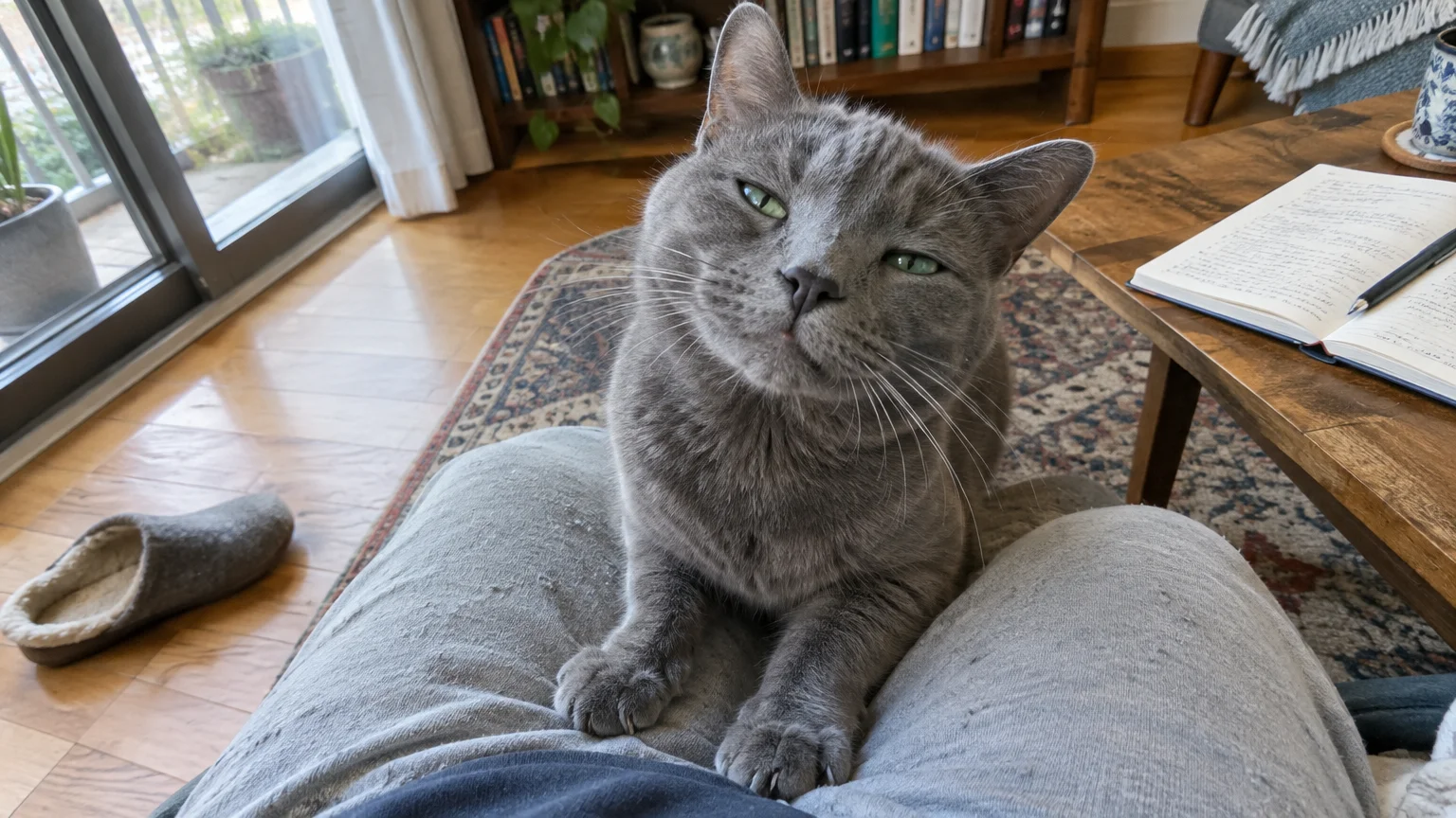 A gray cat sits on a person's lap with claws extended, looking up with squinted green eyes in a living room.