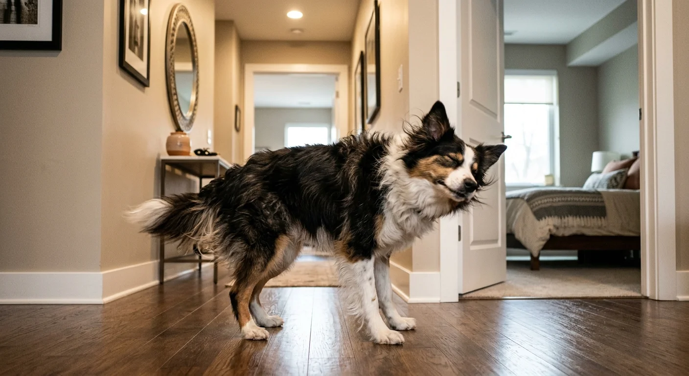 A black, white, and brown dog shakes its head and fur while standing on hardwood flooring in a hallway.