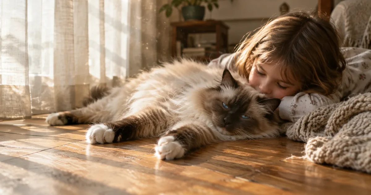 A young girl lies on a sunlit wooden floor, resting her head against a fluffy, long-haired cat.