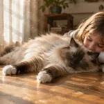 A young girl lies on a sunlit wooden floor, resting her head against a fluffy, long-haired cat.