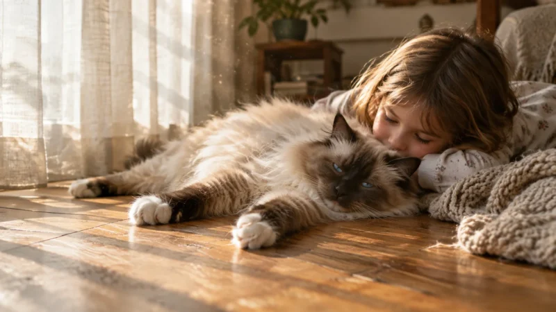A young girl lies on a sunlit wooden floor, resting her head against a fluffy, long-haired cat.