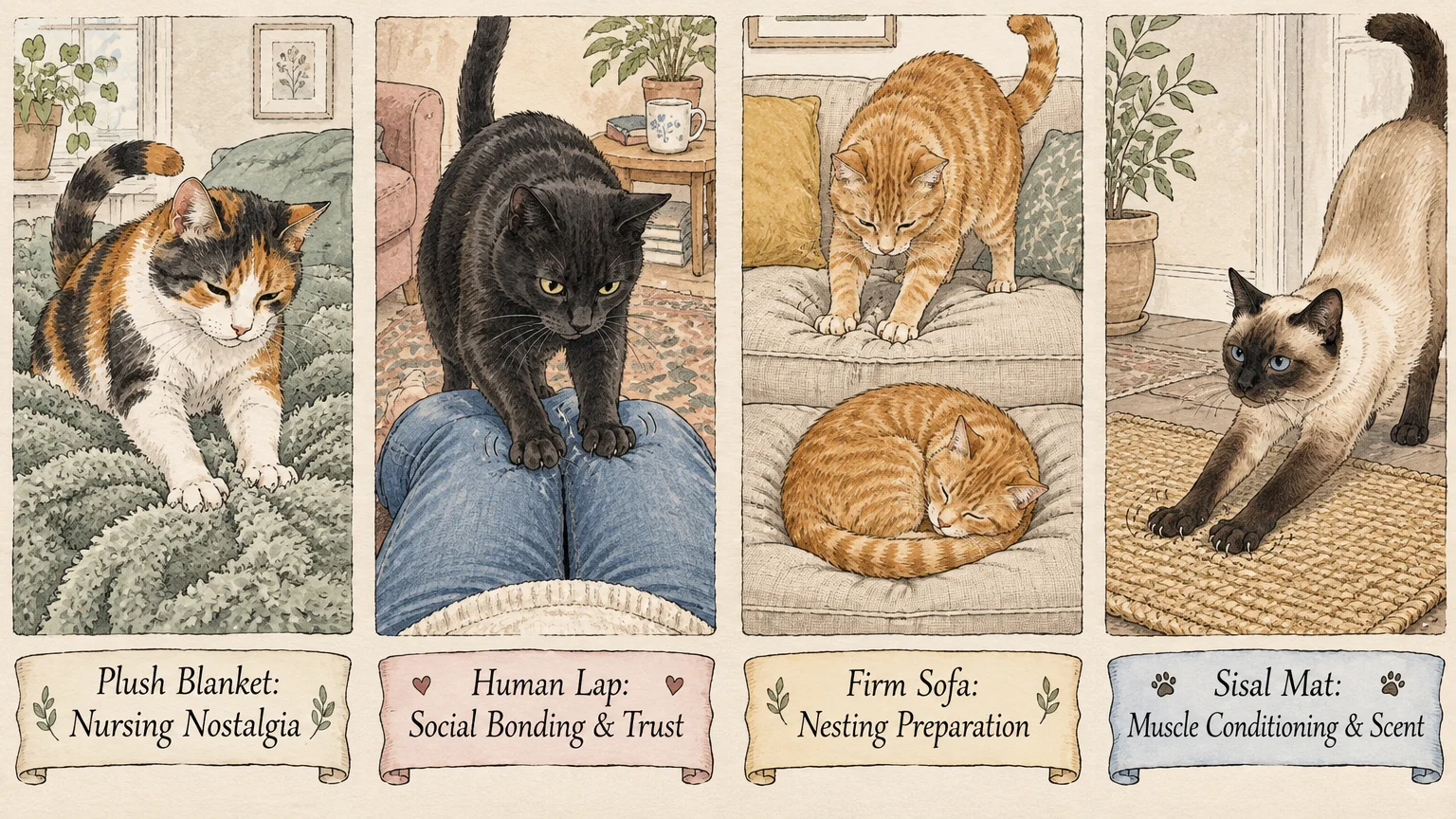 Four-panel illustration of cats kneading a plush blanket, human lap, firm sofa, and sisal mat with descriptive labels below.