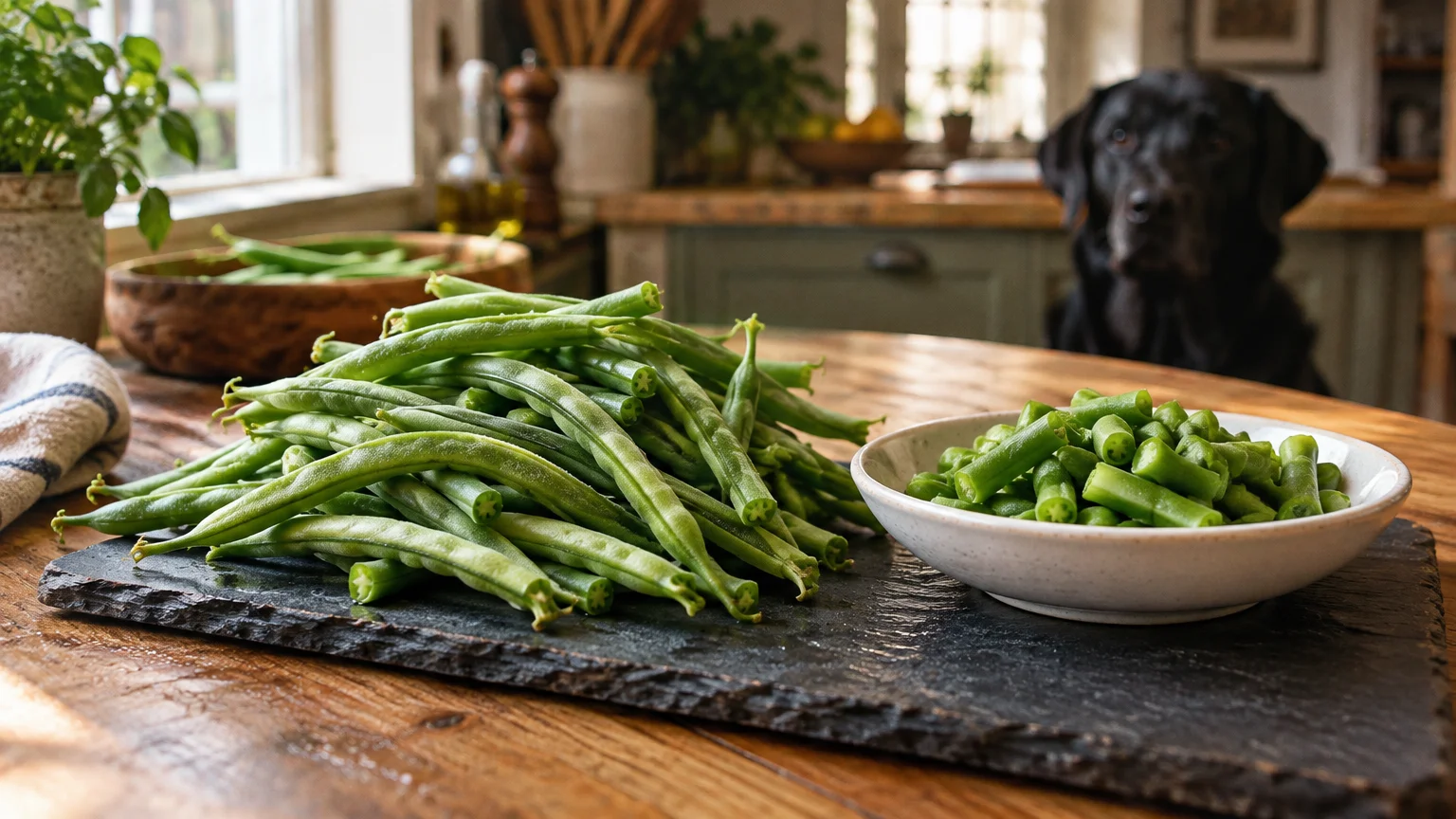 Fresh whole and chopped green beans on a slate board, with a black dog watching in the background.