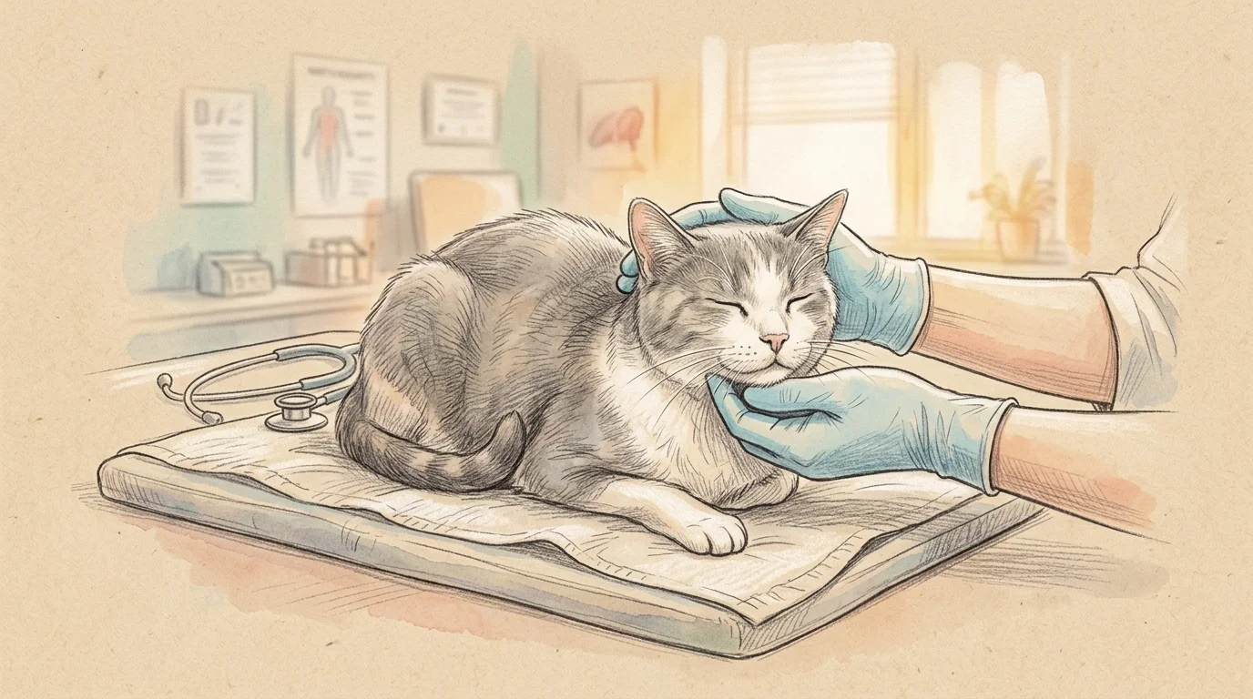 Illustration of gloved veterinarian hands gently examining a domestic cat resting on an examination table.