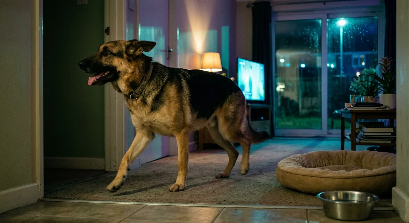 A German shepherd paces with an open mouth through a dimly lit living room near its dog bed at night.