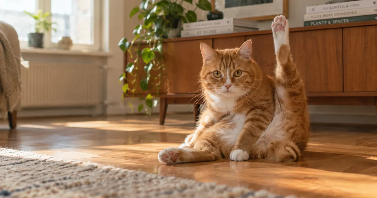 An orange and white tabby cat sits on a wooden floor, lifting one hind leg straight up in the air.