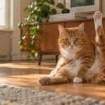 An orange and white tabby cat sits on a wooden floor, lifting one hind leg straight up in the air.