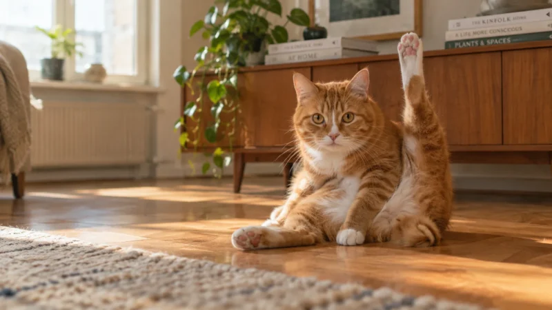 An orange and white tabby cat sits on a wooden floor, lifting one hind leg straight up in the air.