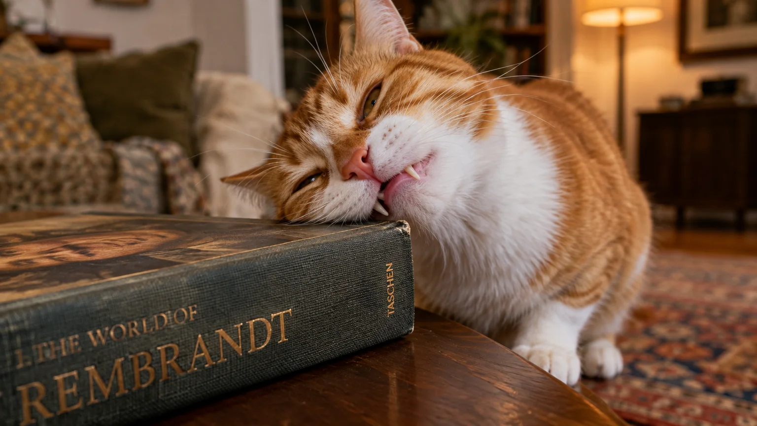 Orange and white cat rubbing its gums and teeth against the sharp corner of a thick hardcover book.