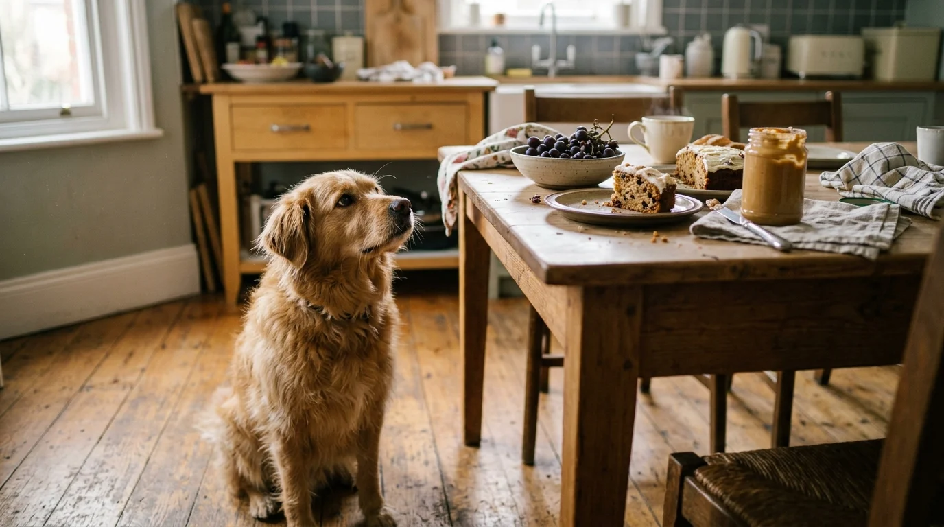 A golden dog sits on a wooden kitchen floor, looking up at a table spread with cake, grapes, and peanut butter.