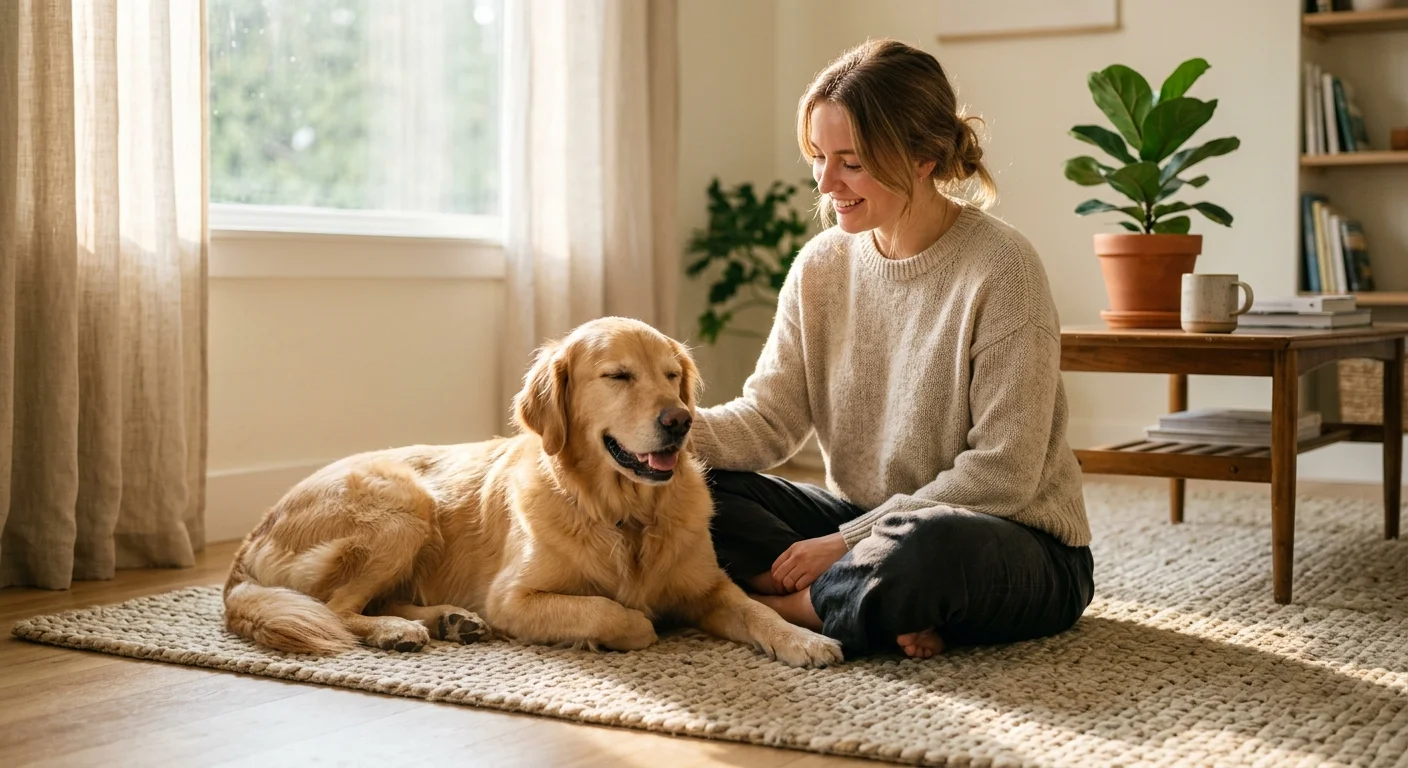 Smiling woman sitting on a woven rug petting a relaxed golden retriever lying beside her in a sunny living room.