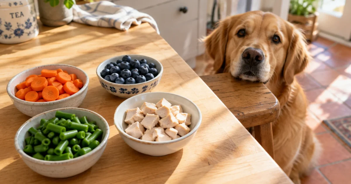 A golden retriever peers over a wooden kitchen table set with bowls of sliced carrots, blueberries, green beans, and chicken.