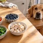 A golden retriever peers over a wooden kitchen table set with bowls of sliced carrots, blueberries, green beans, and chicken.