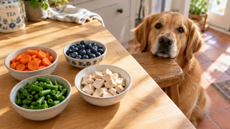 A golden retriever peers over a wooden kitchen table set with bowls of sliced carrots, blueberries, green beans, and chicken.