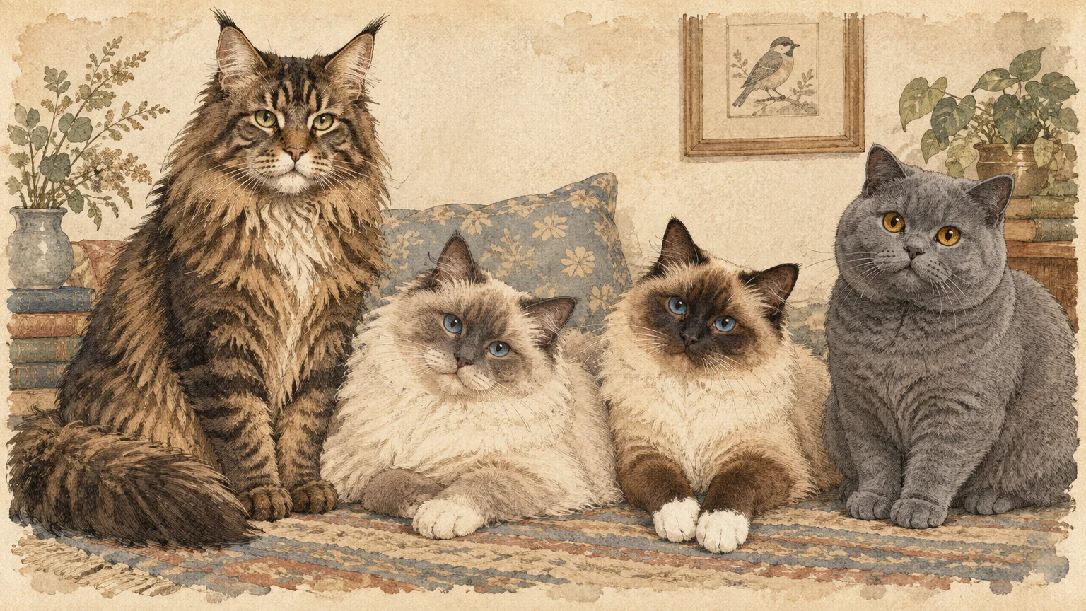 Vintage watercolor illustration of four fluffy cats sitting together on a patterned rug against an interior wall.
