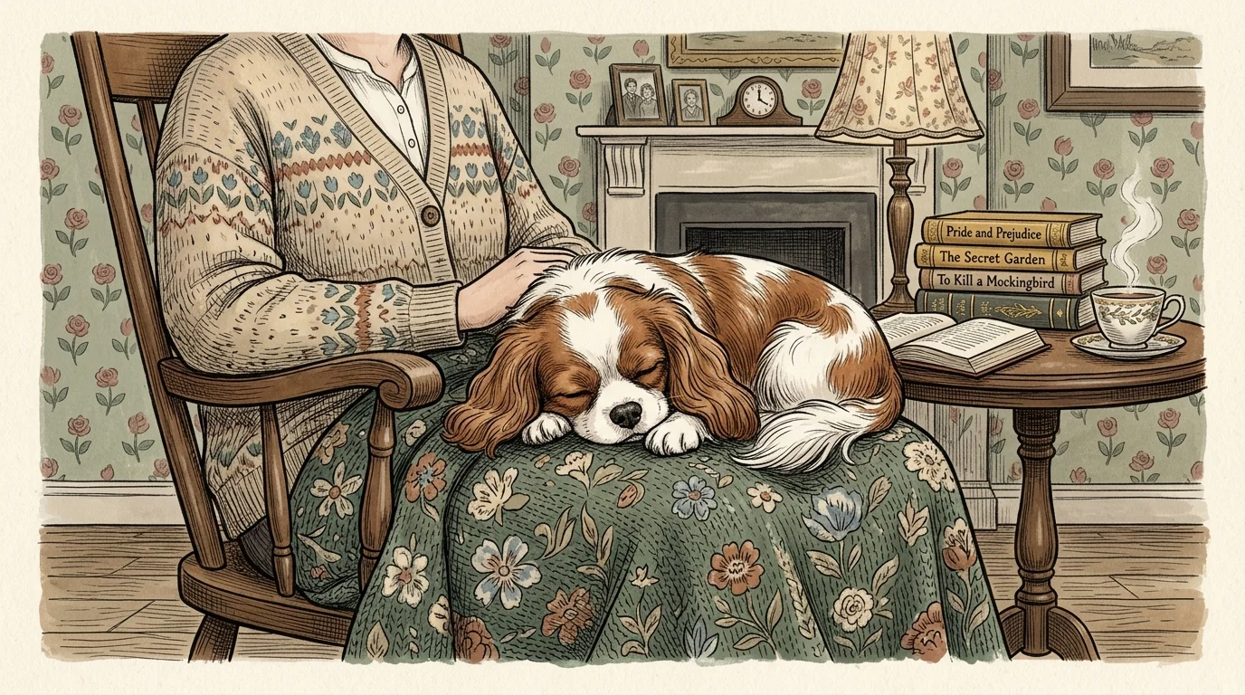 A brown and white Cavalier King Charles Spaniel sleeps on a person's floral lap beside a wooden side table.