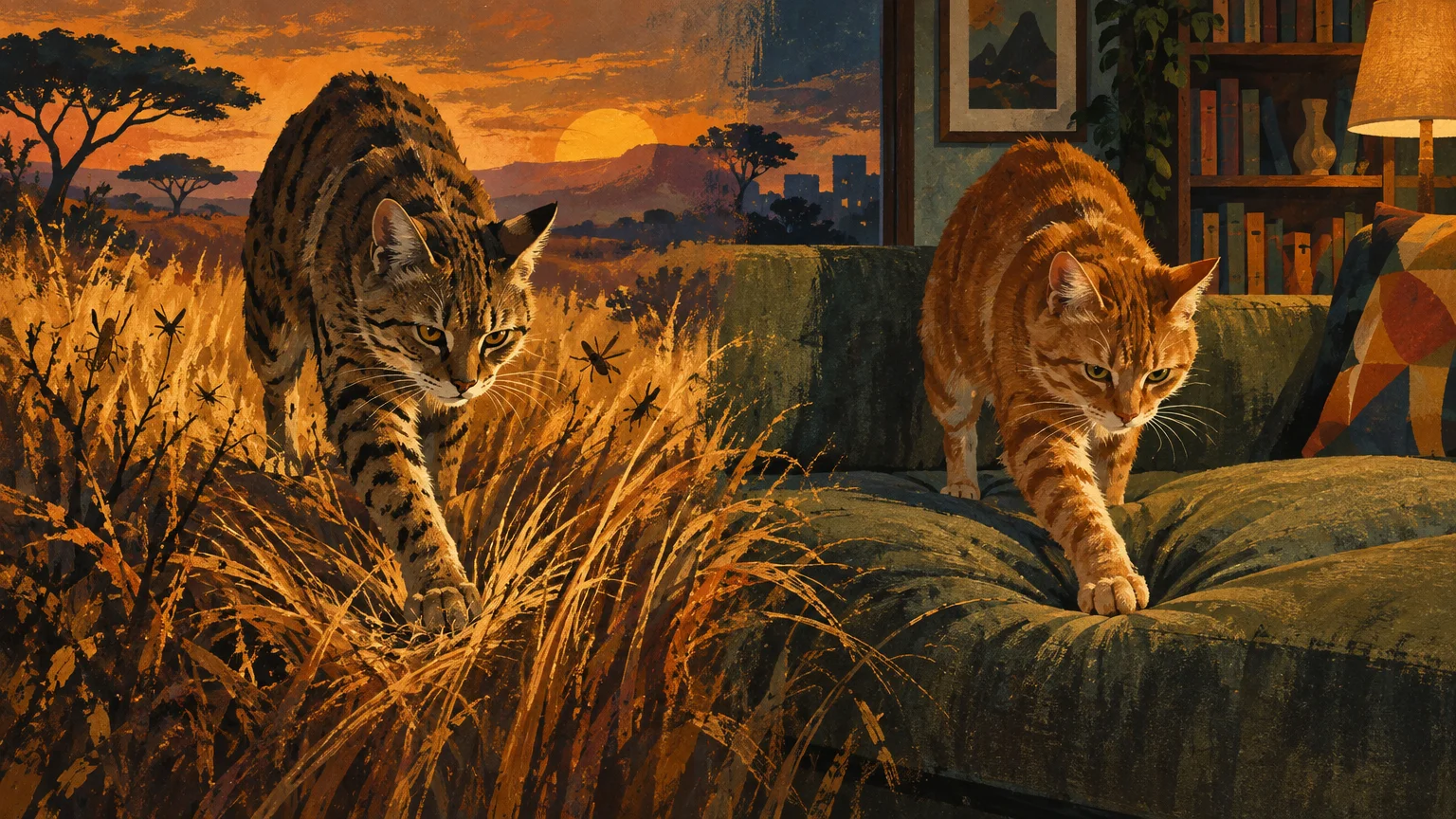 Split illustration of a wildcat walking through savannah grass beside an orange tabby cat kneading a soft sofa cushion.